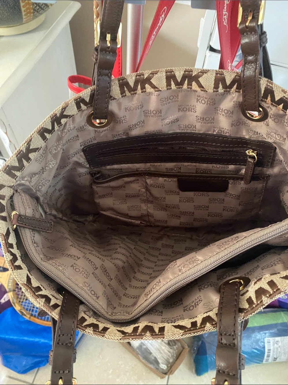 Michael Kors Brown MK Logo Tote with Dark Brown Trim